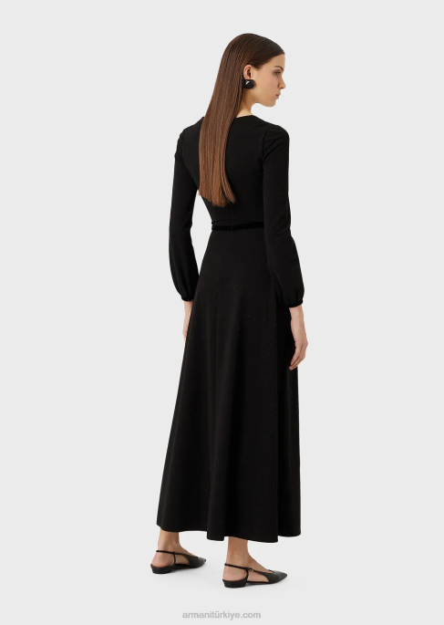 kadınlar Armani Lurex kumaştan pilili detaylı v yakalı midi elbise siyah T8HD116