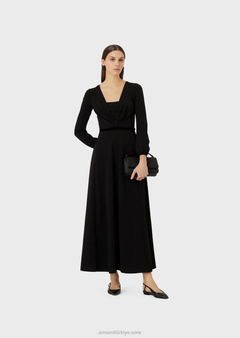 kadınlar Armani Lurex kumaştan pilili detaylı v yakalı midi elbise siyah T8HD116