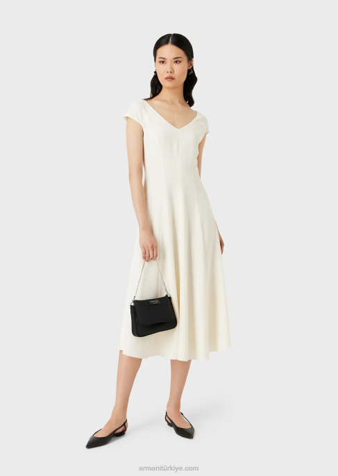 kadınlar Armani V yakalı tekno-cady kloş midi elbise beyaz T8HD77