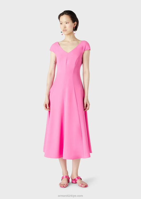 kadınlar Armani V yakalı tekno-cady kloş midi elbise fuşya T8HD78