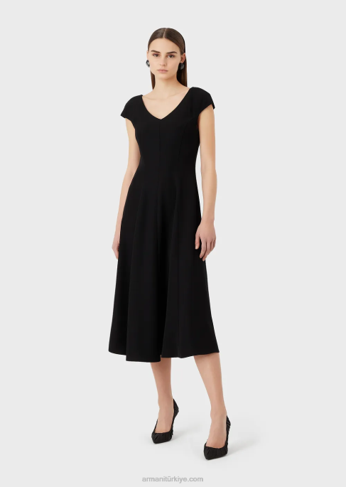 kadınlar Armani V yakalı tekno-cady kloş midi elbise siyah T8HD76