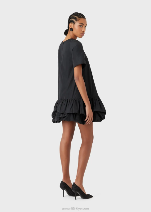 kadınlar Armani büzgülü volanlı tafta elbise siyah T8HD124