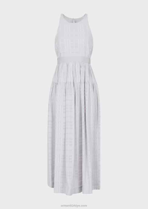 kadınlar Armani grogren kemerli kareli viskoz kolsuz uzun elbise gri T8HD70