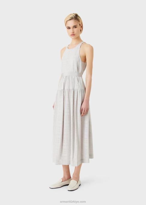 kadınlar Armani grogren kemerli kareli viskoz kolsuz uzun elbise gri T8HD70