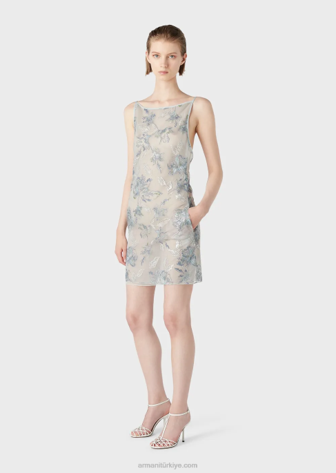 kadınlar Armani çiçek işlemeli ve yanardöner payetli tül kılıflı elbise Çiçekler T8HD123