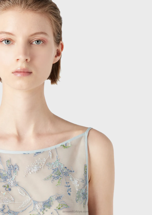 kadınlar Armani çiçek işlemeli ve yanardöner payetli tül kılıflı elbise Çiçekler T8HD123