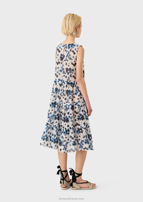 kadınlar Armani çiçekli batik desenli muslin içinde kısrak kapsül koleksiyon volanlı elbise model T8HD84