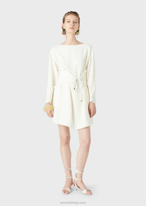 kadınlar Armani kuşaklı teknik cady tunik elbise beyaz T8HD85