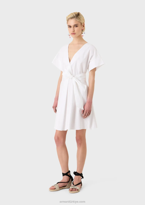 kadınlar Armani kuşaklı zımparalanmış pamuklu elbise beyaz T8HD94
