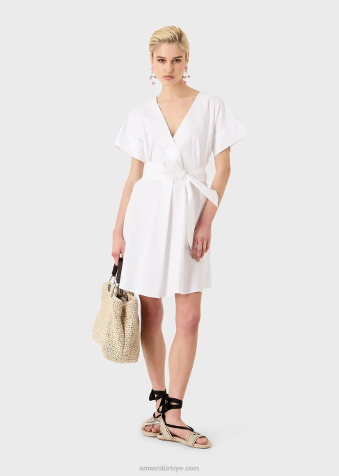 kadınlar Armani kuşaklı zımparalanmış pamuklu elbise beyaz T8HD94