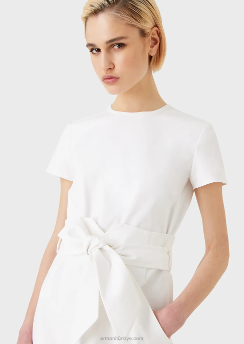 kadınlar Armani streç couture pamuklu iki parça efektli elbise beyaz T8HD66