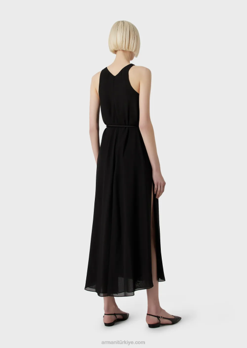 kadınlar Armani yan yırtmaçlı kolsuz krepon uzun elbise siyah T8HD73