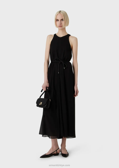 kadınlar Armani yan yırtmaçlı kolsuz krepon uzun elbise siyah T8HD73