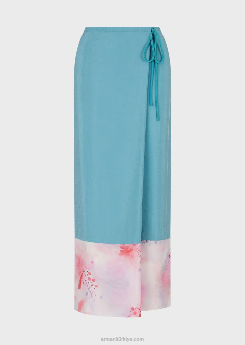 kadınlar Armani baskılı şifon detaylı, yıkanmış teknik ipekten uzun sarong tarzı etekT8HD342