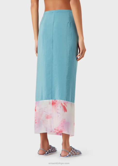 kadınlar Armani baskılı şifon detaylı, yıkanmış teknik ipekten uzun sarong tarzı etekT8HD342