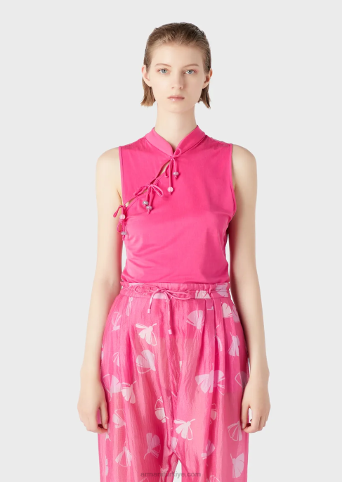 kadınlar Armani Guru yakalı, açık ve bağcıklı interlok cupro top fuşya T8HD380