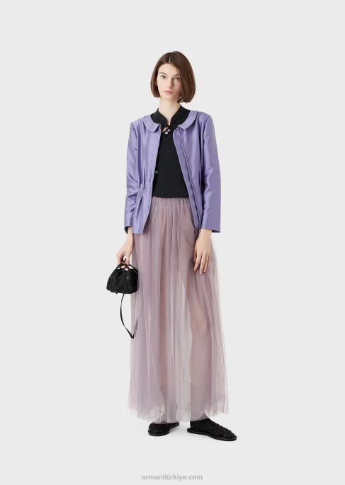 kadınlar Armani Guru yakalı, açık ve bağcıklı interlok cupro top siyah T8HD381