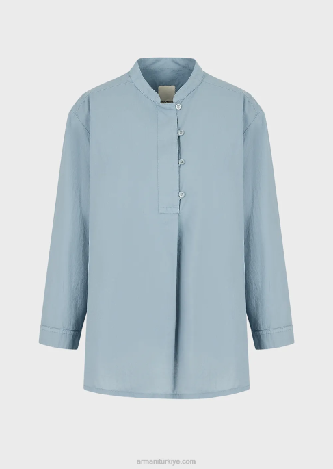 kadınlar Armani Sürdürülebilir koleksiyon Guru yakalı, giysi boyamalı, organik müslin gömlek masmavi T8HD386