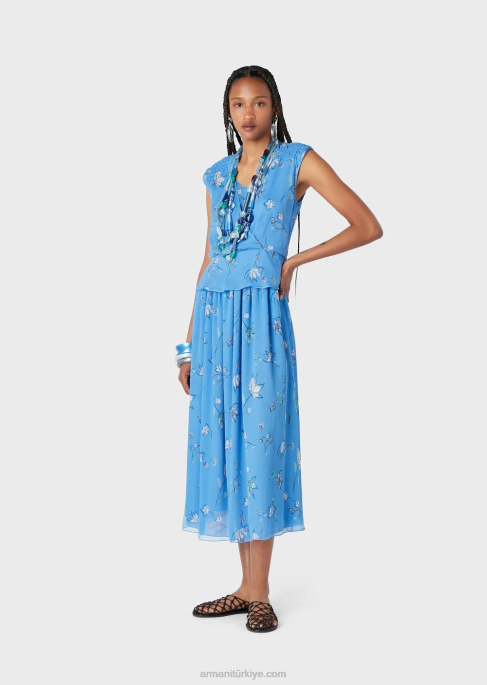 kadınlar Armani çapraz v yakalı stilize çiçek desenli ipek krepon topT8HD357