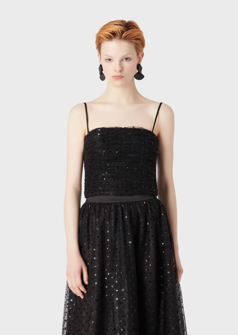 kadınlar Armani boydan boya geometrik payet işlemeli tül top siyah T8HD376