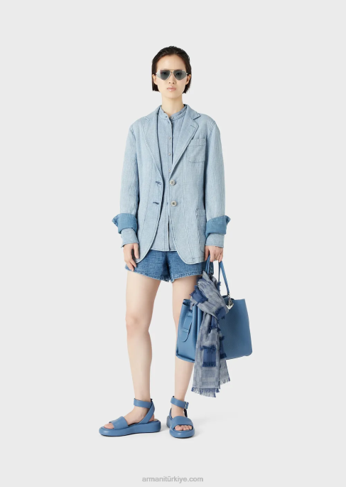 kadınlar Armani guru yakalı pötikareli denim gömlek model T8HD392