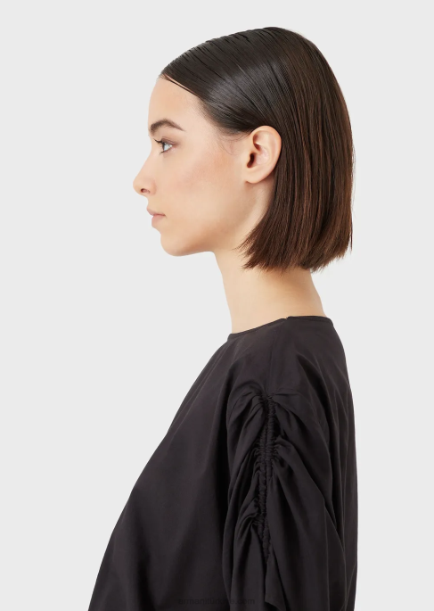 kadınlar Armani kolları büzgü ipli kısa poplin bluz siyah T8HD361