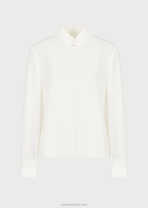 kadınlar Armani saf ipek krep de chine düğmeli yakalı bluz ipek beyaz T8HD375