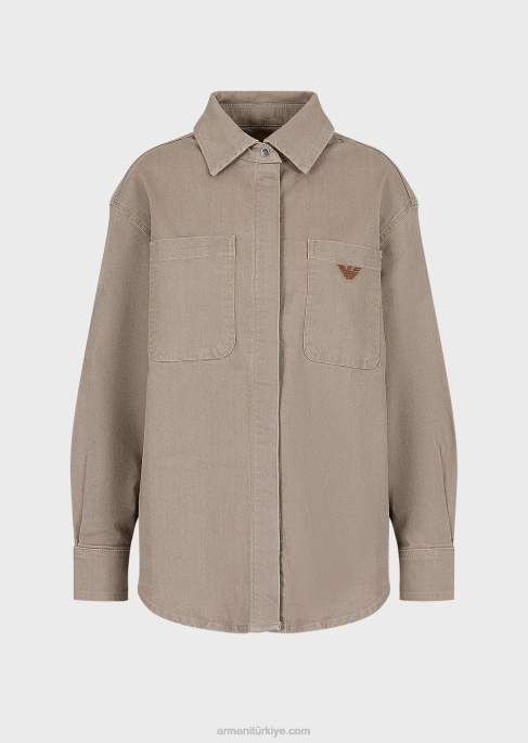 kadınlar Armani yama cepli doğal boya organik kot gömlek bej T8HD393