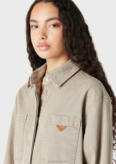 kadınlar Armani yama cepli doğal boya organik kot gömlek bej T8HD393