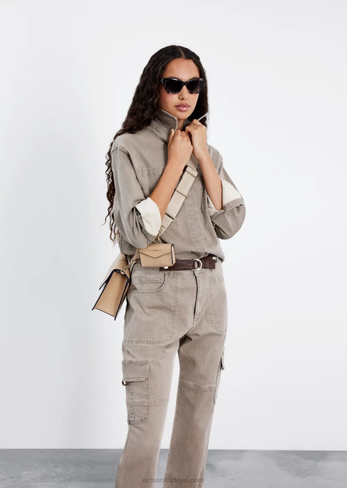 kadınlar Armani yama cepli doğal boya organik kot gömlek bej T8HD393