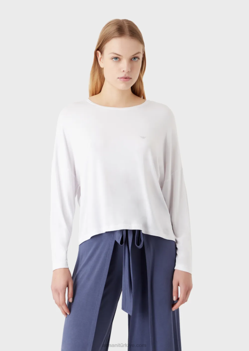 kadınlar Armani akışkan eko-viskon ev giyimi üst beyaz T8HD179
