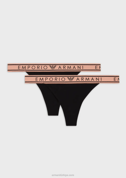 kadınlar Armani bel bandı logolu, ikonik organik pamuklu tanga ikilisi siyah T8HD139