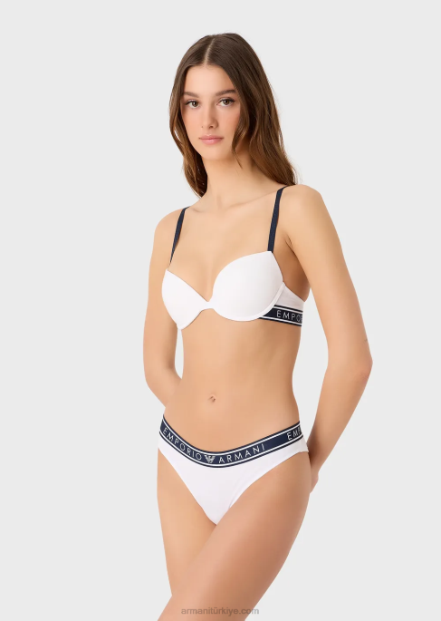 kadınlar Armani logolu bel bantlı, ikonik organik pamuklu brezilya külotu ikilisi beyaz T8HD136