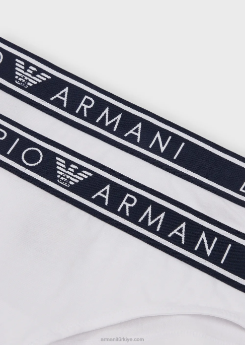 kadınlar Armani logolu bel bantlı, ikonik organik pamuklu brezilya külotu ikilisi beyaz T8HD136