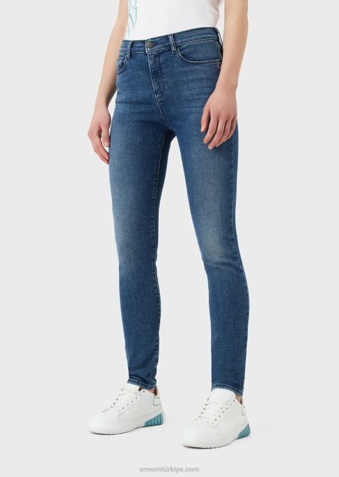 kadınlar Armani j20 yüksek belli süper dar kesim taşlanmış organik rahat kot pantolon orta mavi T8HD2749