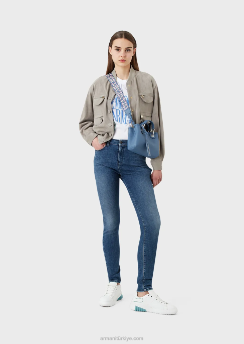kadınlar Armani j20 yüksek belli süper dar kesim taşlanmış organik rahat kot pantolon orta mavi T8HD2749