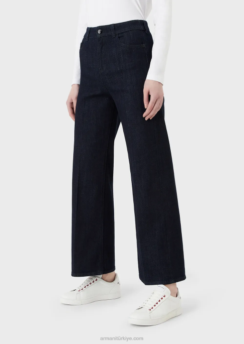 kadınlar Armani j33 orta belli geniş paçalı yıkanmış kot pantolon koyu mavi T8HD2758