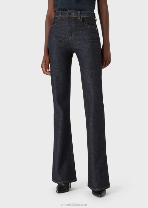 kadınlar Armani j47 orta yüksek belli, hafif yıpranmış görünümlü, kloş, streç kot pantolon lacivert T8HD2763