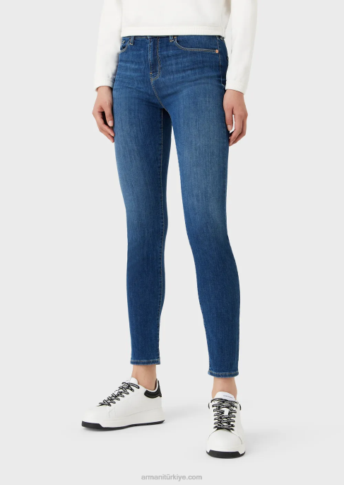 kadınlar Armani streç tencel kottan j20 yüksek belli, süper dar kot pantolon koyu mavi T8HD2750