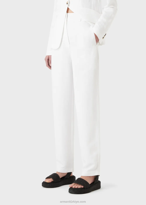kadınlar Armani şantung efektli keten karışımlı yüksek belli 7/8 pantolon beyaz T8HD317