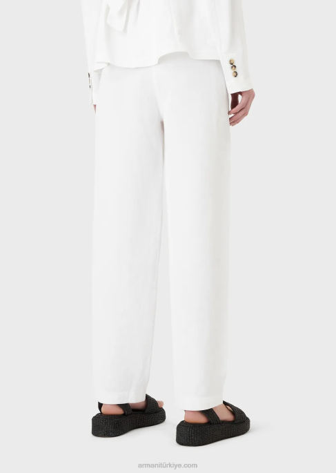 kadınlar Armani şantung efektli keten karışımlı yüksek belli 7/8 pantolon beyaz T8HD317