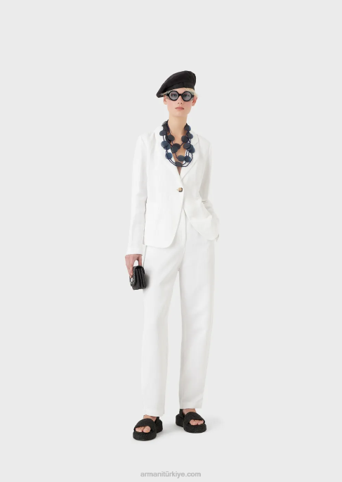 kadınlar Armani şantung efektli keten karışımlı yüksek belli 7/8 pantolon beyaz T8HD317