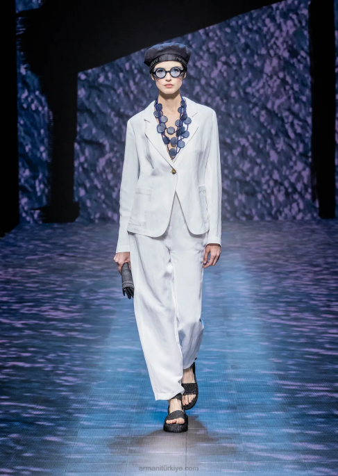 kadınlar Armani şantung efektli keten karışımlı yüksek belli 7/8 pantolon beyaz T8HD317