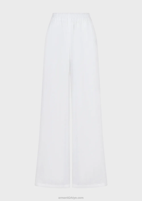 kadınlar Armani beli lastikli saf keten pantolon beyaz T8HD260