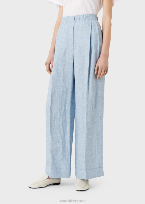 kadınlar Armani beli lastikli ve kıvrık jaspe-keten pantolon masmavi T8HD295