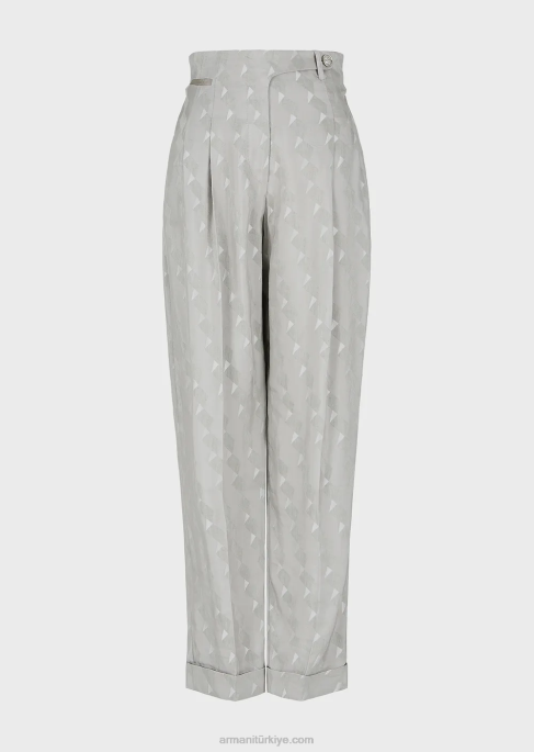 kadınlar Armani geometrik desenli akıcı bakır ve keten karışımlı jakardan kıvrık yüksek belli pantolonlar gri T8HD300