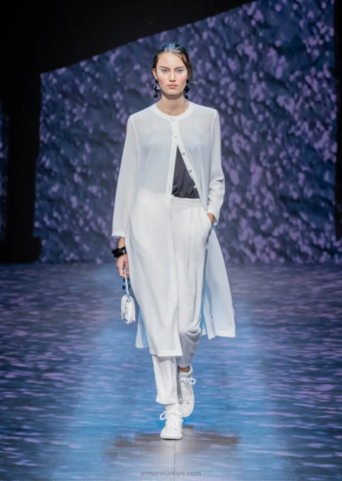 kadınlar Armani granit kumaştan pensli ve şeritli pantolon beyaz T8HD256