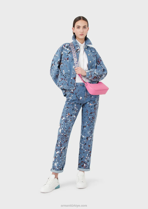 kadınlar Armani j15 orta bel, kısa, rahat paça, çok renkli benekli, vintage görünümlü kot pantolon çok renkli T8HD402