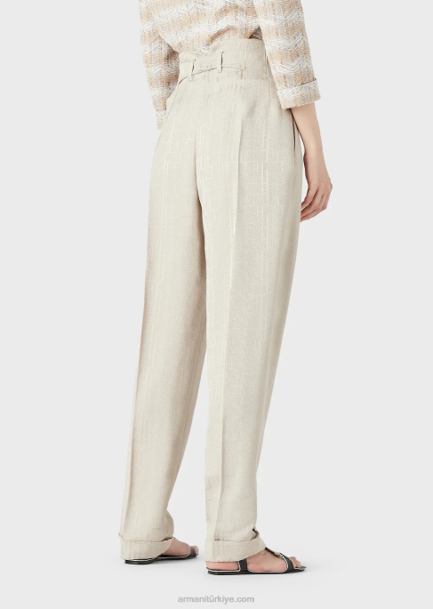 kadınlar Armani parlak geometrik desenli armure viskondan kıvrık yüksek belli pantolon bej T8HD299
