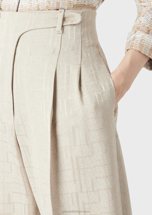 kadınlar Armani parlak geometrik desenli armure viskondan kıvrık yüksek belli pantolon bej T8HD299